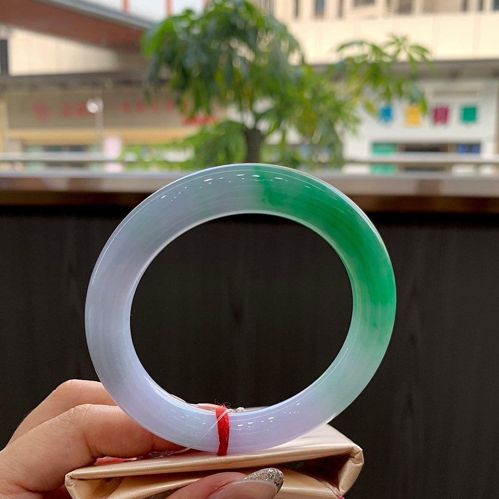 Spring Color Round Jadeite Bangle with Cotton Lines – 56.8 mm
