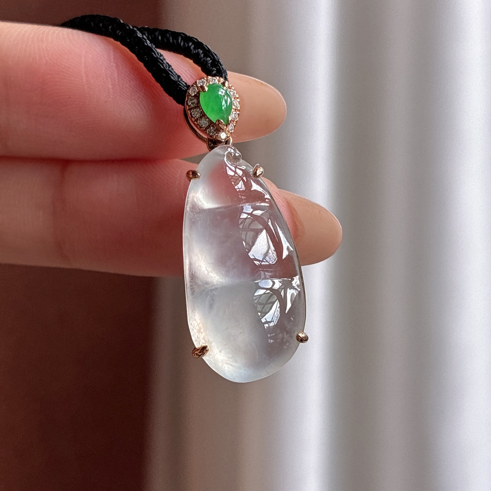 18K Gold-Set Ice-Variety Colorless Jadeite "Lucky Bean" Pendant