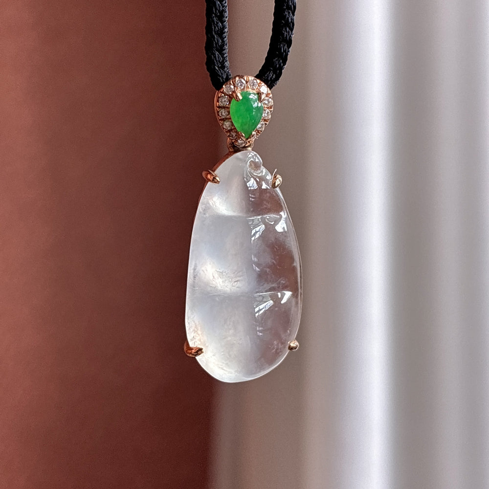 18K Gold-Set Ice-Variety Colorless Jadeite "Lucky Bean" Pendant
