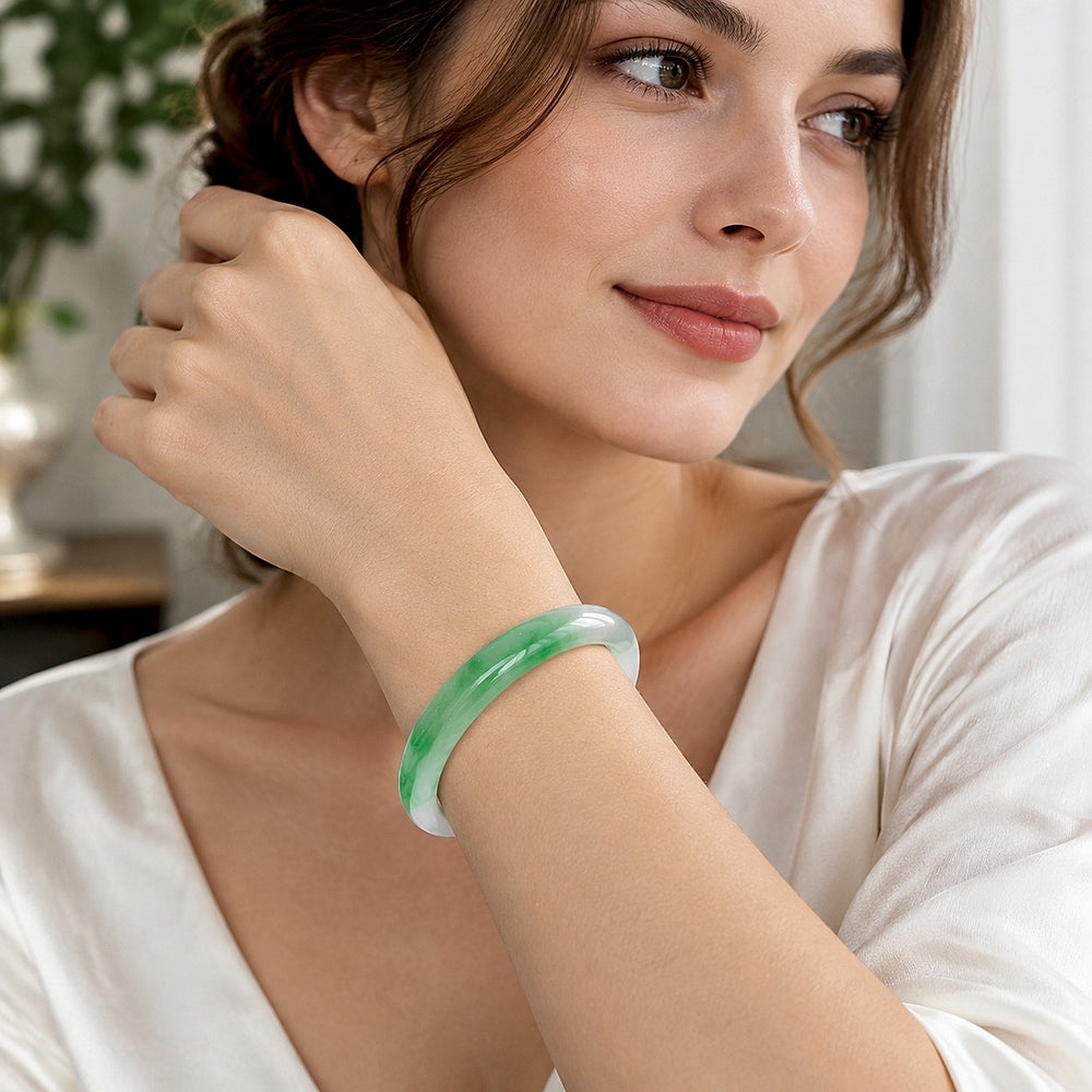 Green Floats Jadeite Bangle · Size 52-12.5-8.2 · AI scene image