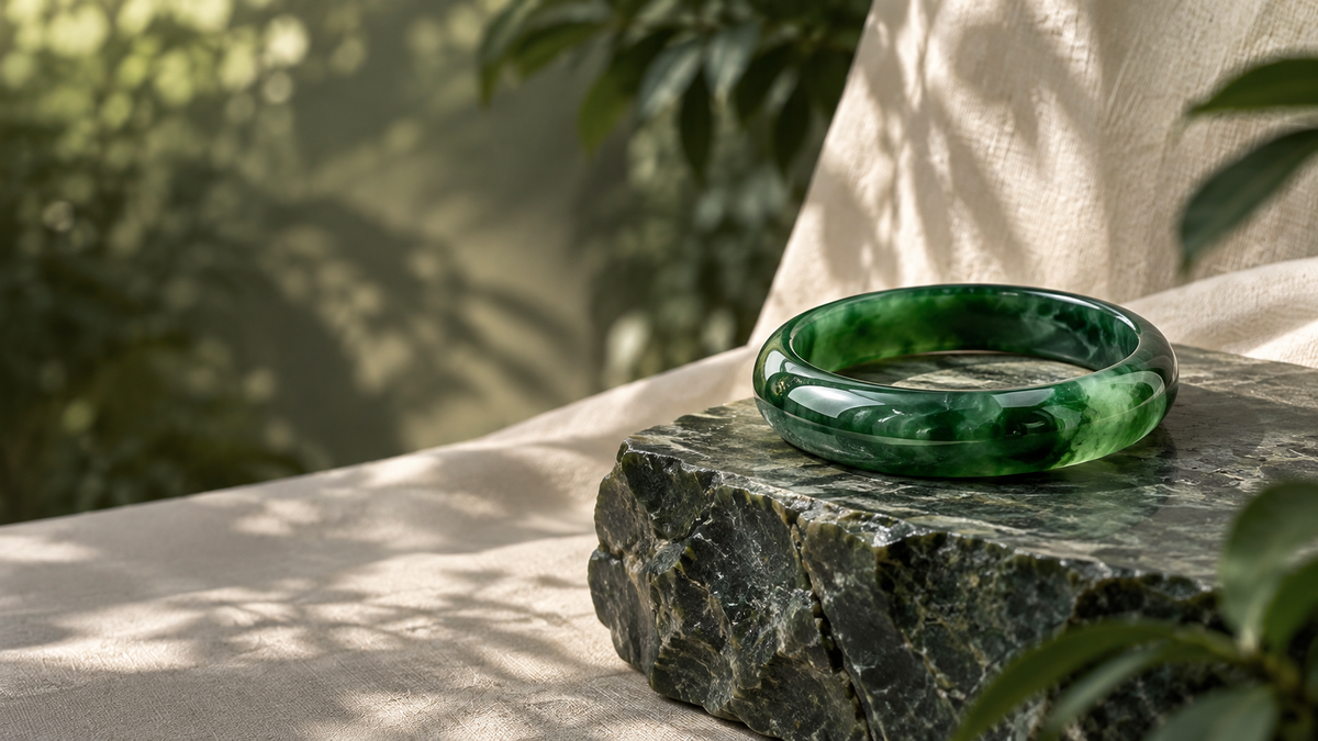 Emerald green jadeite bangle on dark stone