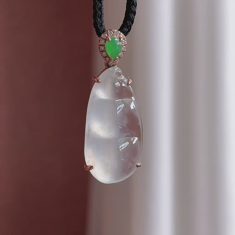 18K Gold-Set Ice-Variety Colorless Jadeite "Lucky Bean" Pendant