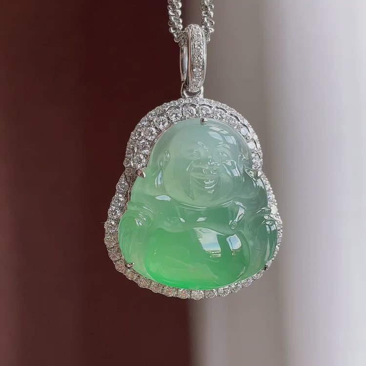 18K gold pendant featuring an icy-variety Buddha figure with natural color.