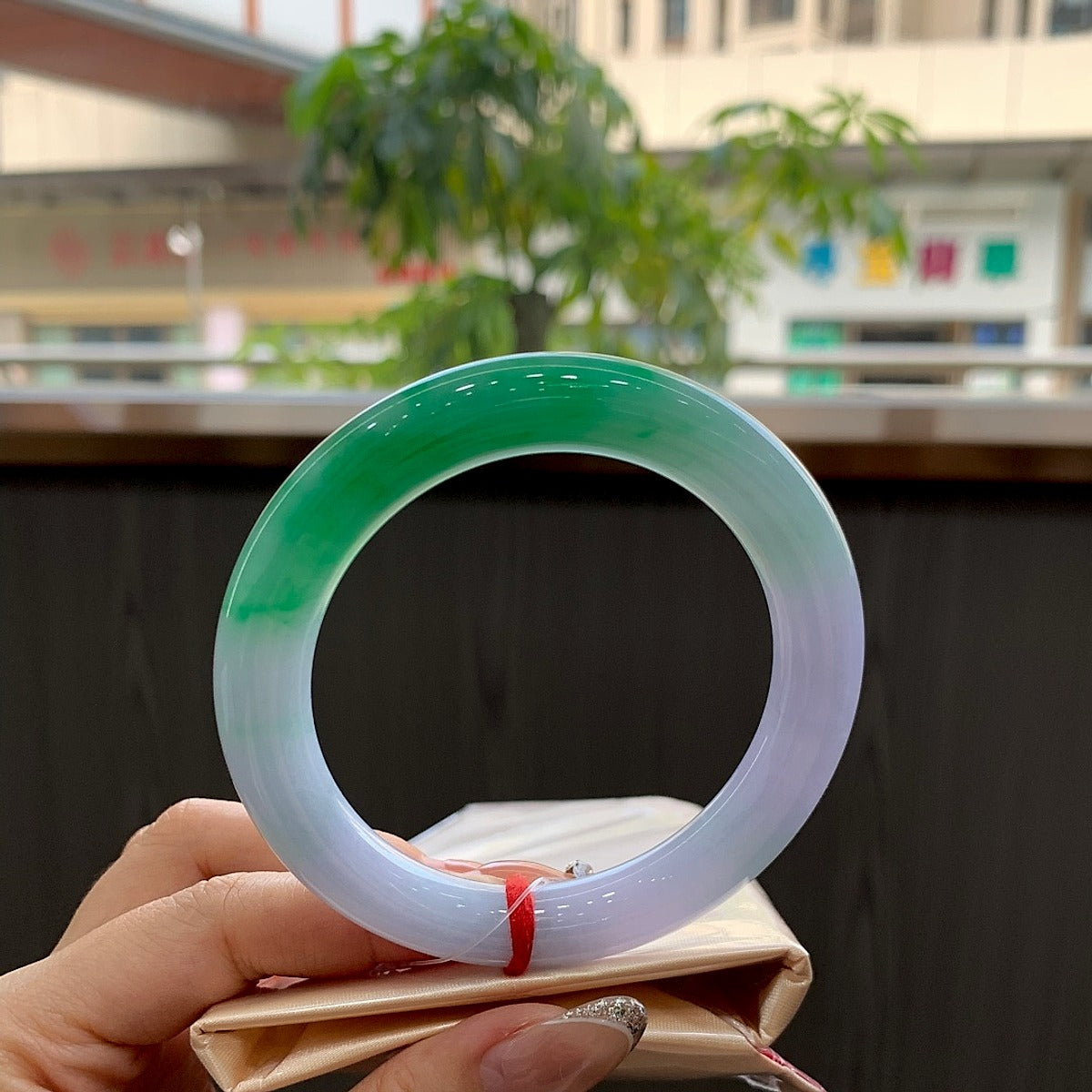 Spring Color Round Jadeite Bangle with Cotton Lines – 56.8 mm