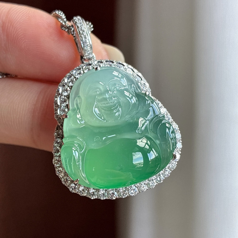 18K gold pendant featuring an icy-variety Buddha figure with natural color.