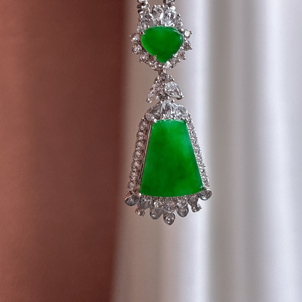 18K gold-mounted "Wu Shi Pai" (plain jade plaque) in icy-variety, fully green jadeite.