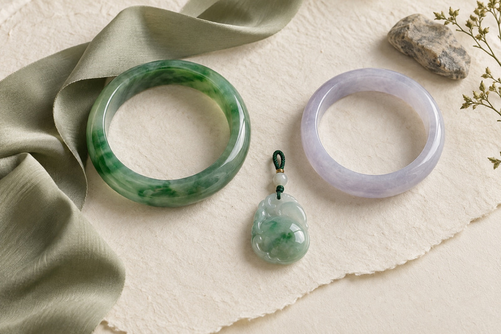 Natural jadeite jewelry arranged on ivory paper and sage silk