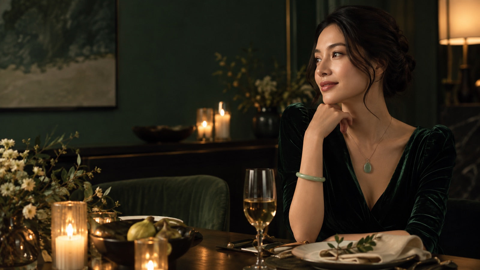 Woman wearing natural jade jewelry at a candlelit dinner